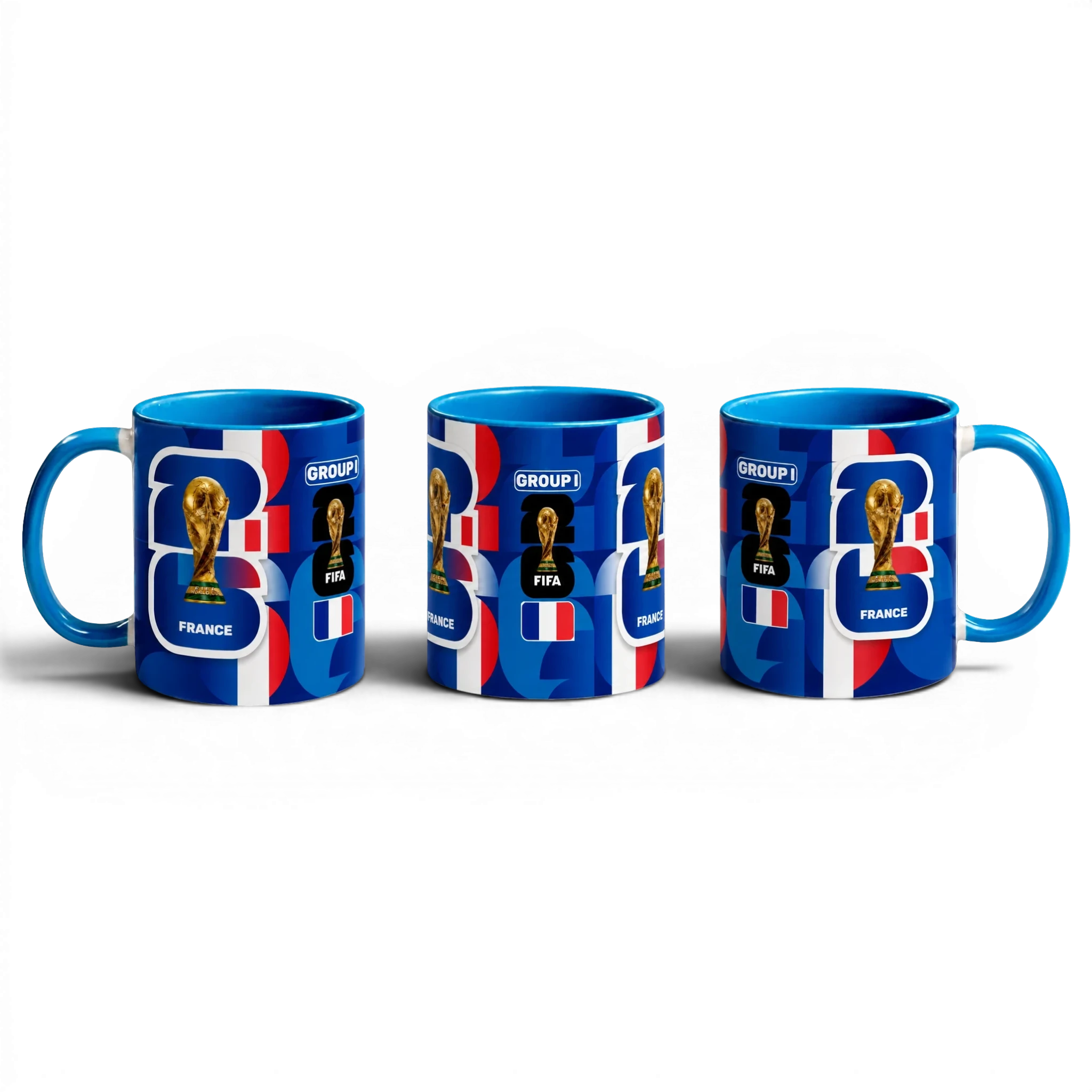 Fann Bliss France World Cup trophy commemorative ceramic mug in blue, white, and red with FIFA graphics.