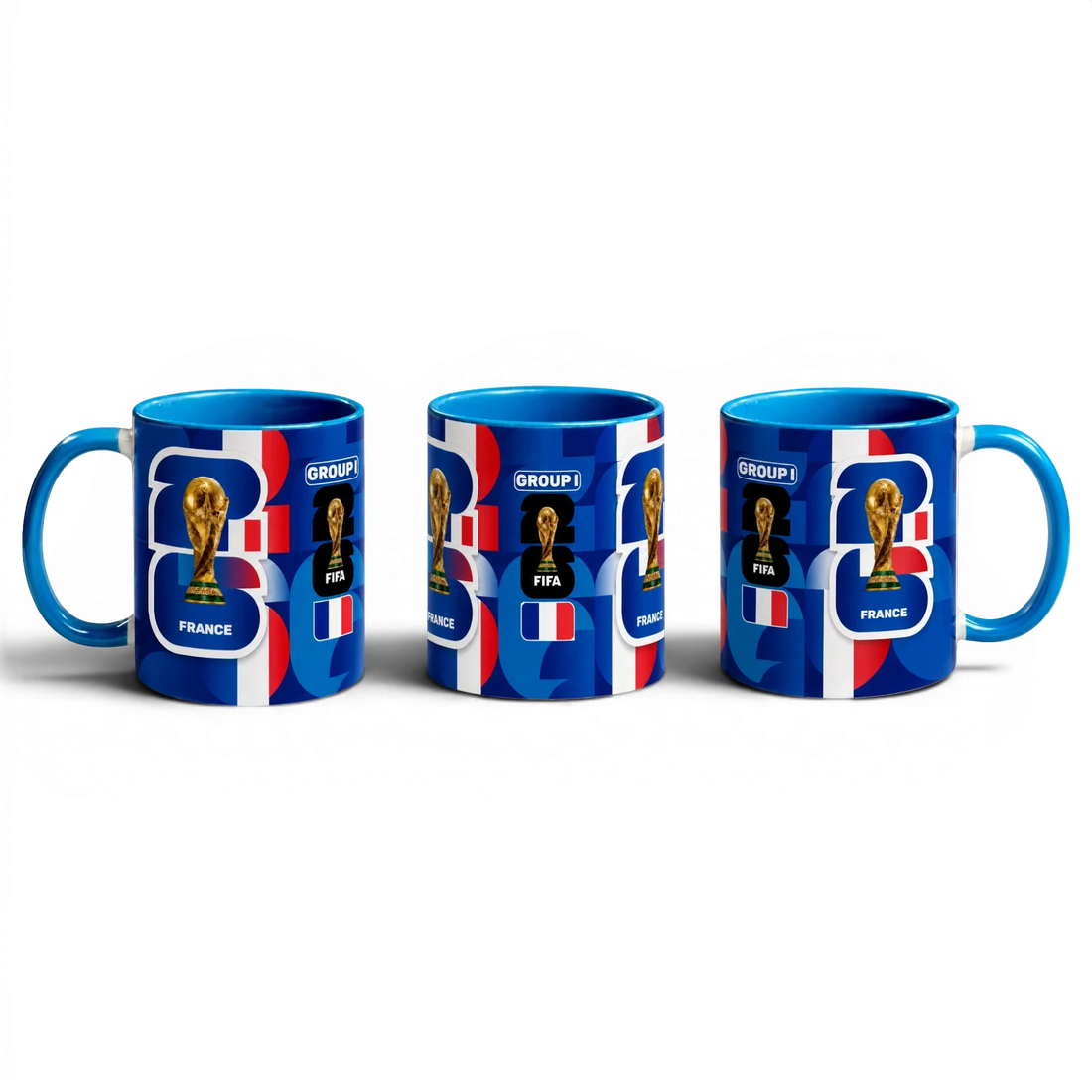 Fann Bliss France World Cup trophy commemorative ceramic mug in blue, white, and red with FIFA graphics.