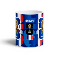 Fann Bliss France FIFA World Cup 2022 commemorative ceramic mug with trophy and geometric pattern in blue, white, and red.