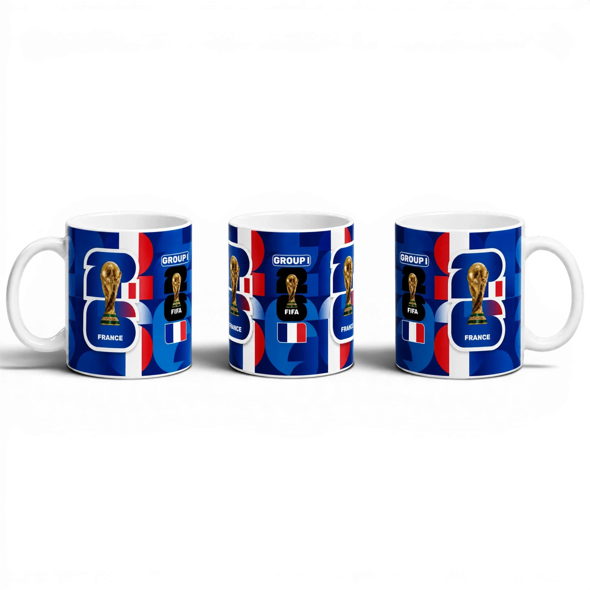 Fann Bliss France FIFA World Cup commemorative ceramic mug with trophy graphic, blue, white, and red design.