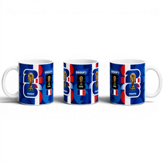 Fann Bliss France FIFA World Cup commemorative ceramic mug with trophy graphic, blue, white, and red design.