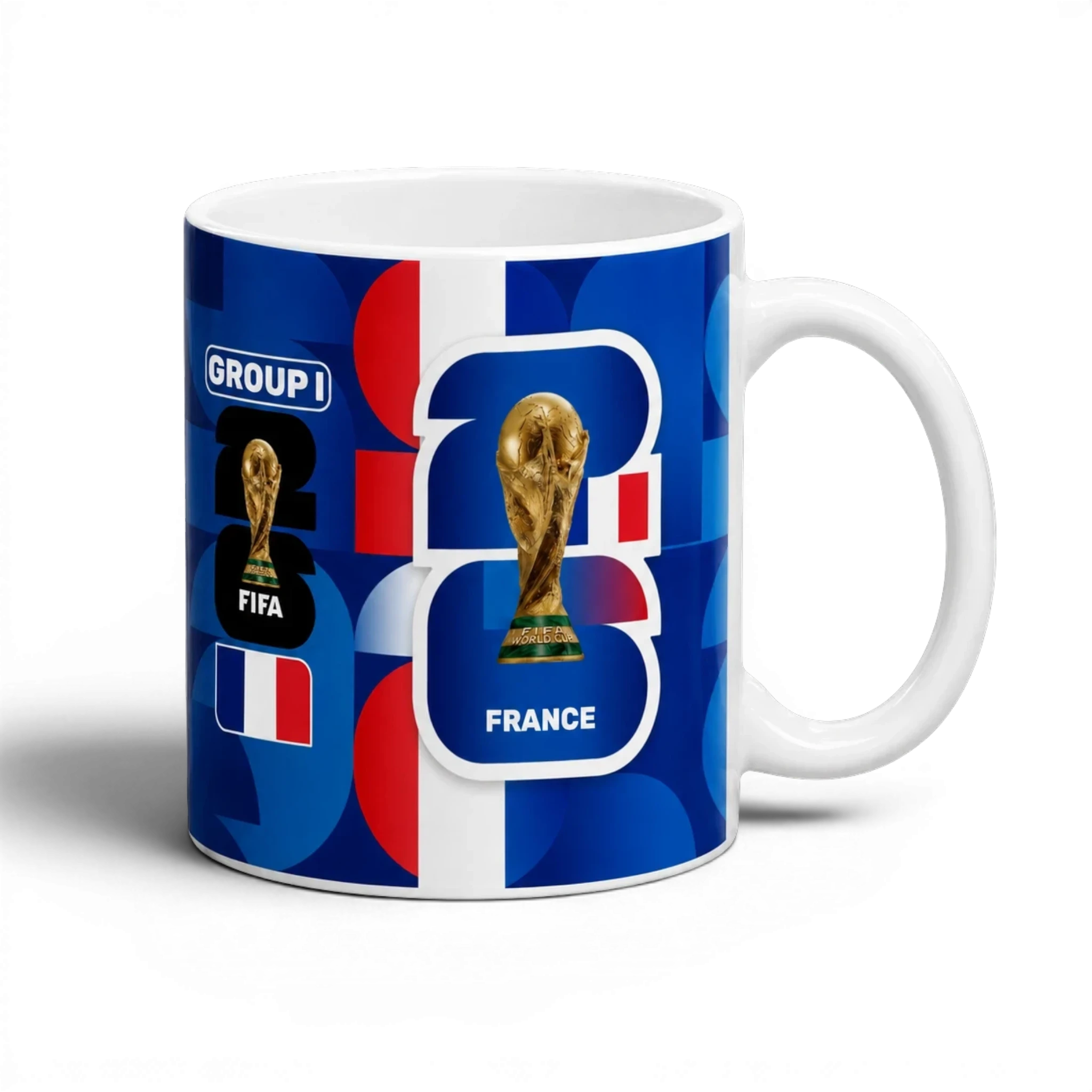 Fann Bliss France FIFA World Cup commemorative ceramic mug with trophy graphic and blue, white, red design.