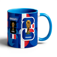 Fann Bliss France World Cup trophy commemorative ceramic mug with blue, white, and red graphics.