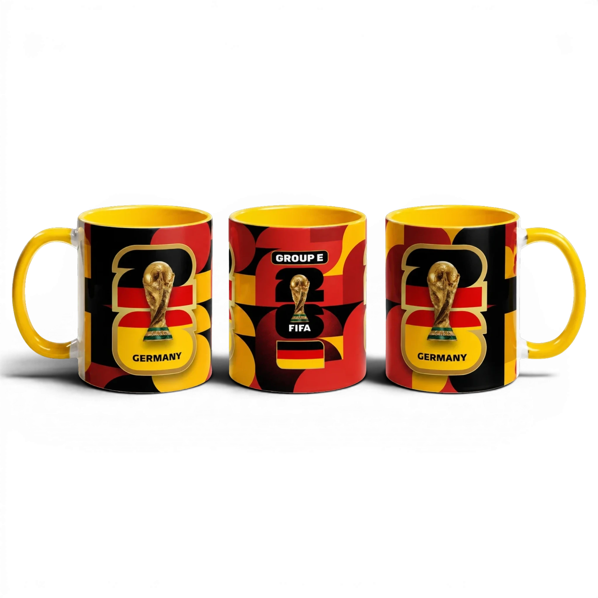 Fann Bliss Germany FIFA World Cup commemorative mug with trophy and flag colors. Ceramic, yellow handle.