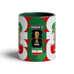 Fann Bliss ceramic coffee mug featuring the Iran flag and FIFA World Cup trophy graphic in green, white, and red.