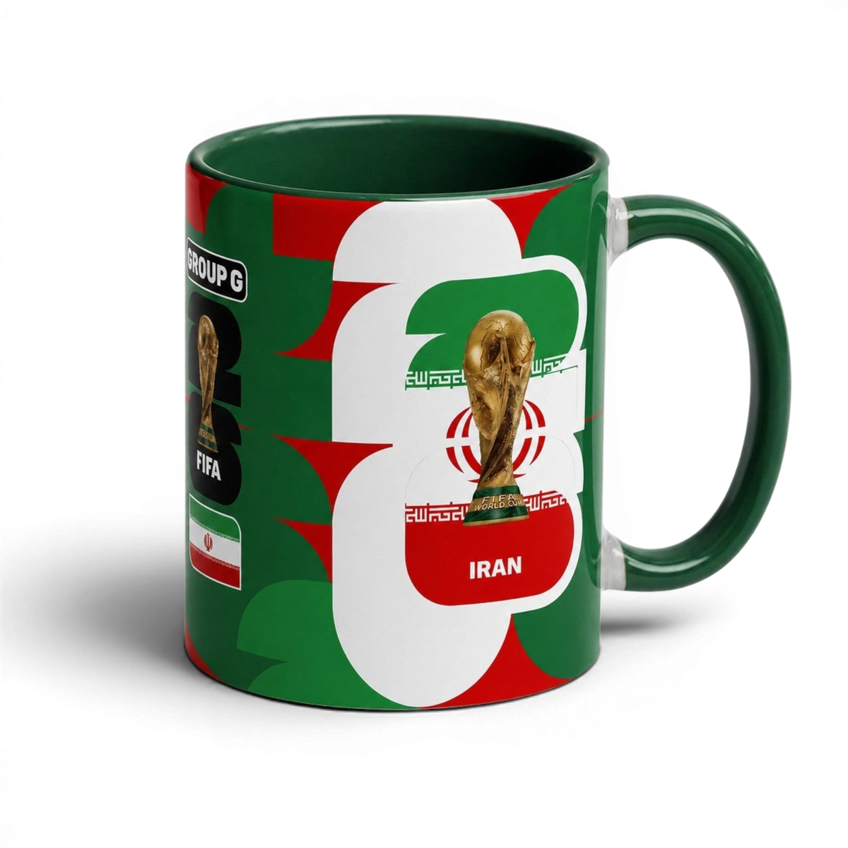 Fann Bliss ceramic coffee mug featuring the Iran flag and FIFA World Cup trophy in green, white, and red colors.