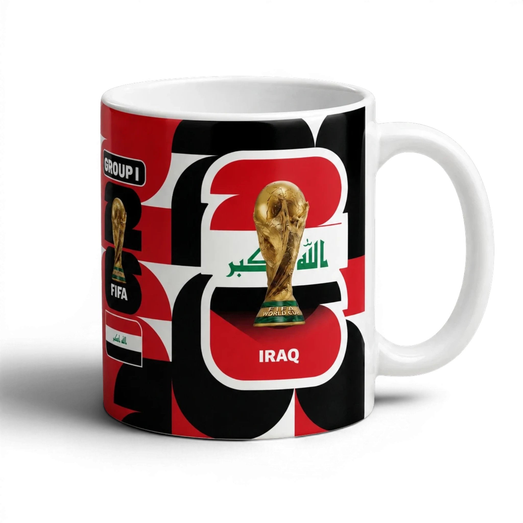 Fann Bliss Iraq World Cup Trophy ceramic coffee mug with Iraqi flag and "GROUP I" text. Red, black, and white graphic pattern.