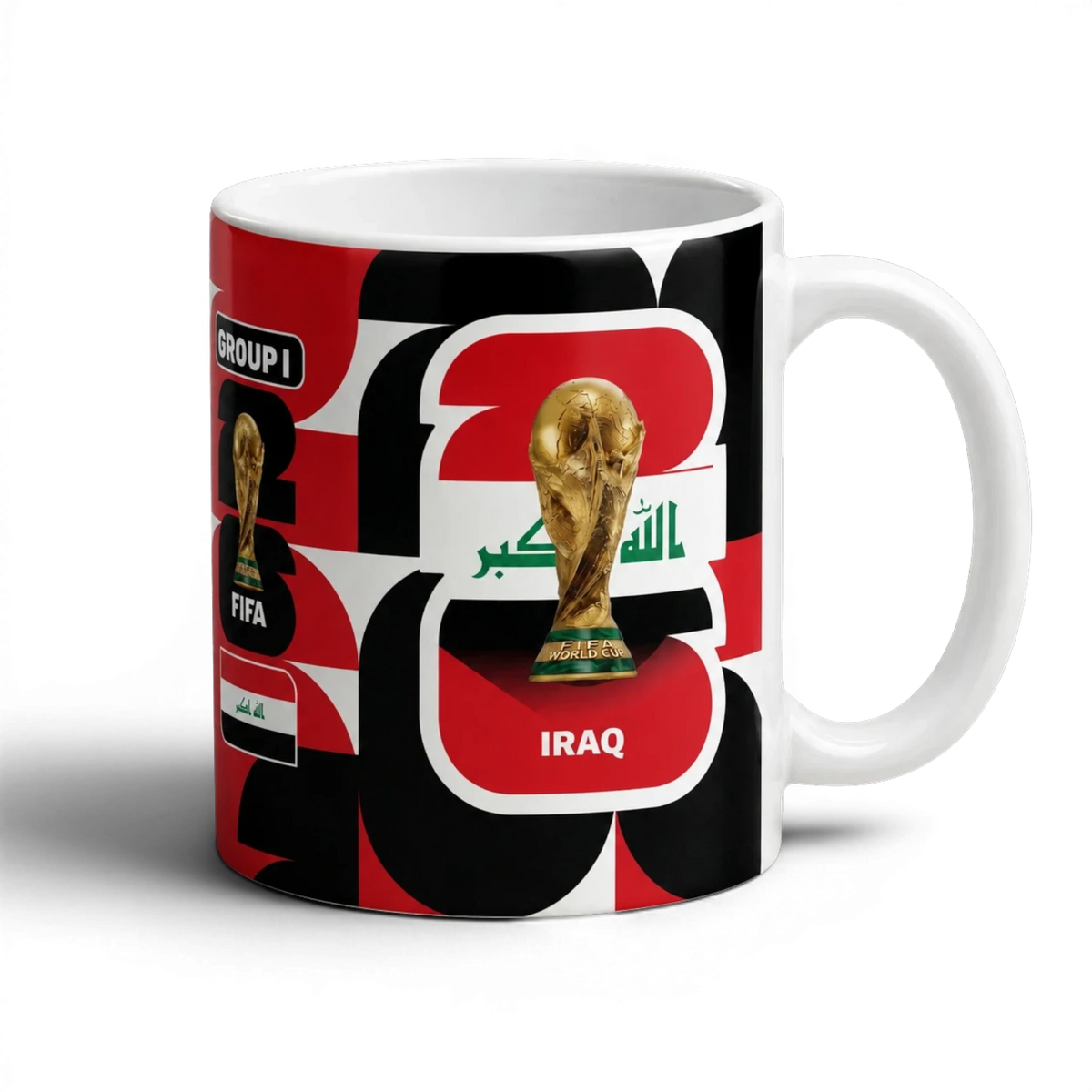 Fann Bliss Iraq World Cup Trophy ceramic coffee mug with Iraqi flag and "GROUP I" text. Red, black, and white graphic pattern.