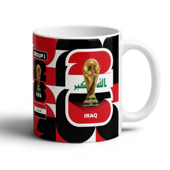 Fann Bliss Iraq World Cup Trophy ceramic coffee mug with Iraqi flag and "GROUP I" text. Red, black, and white graphic pattern.