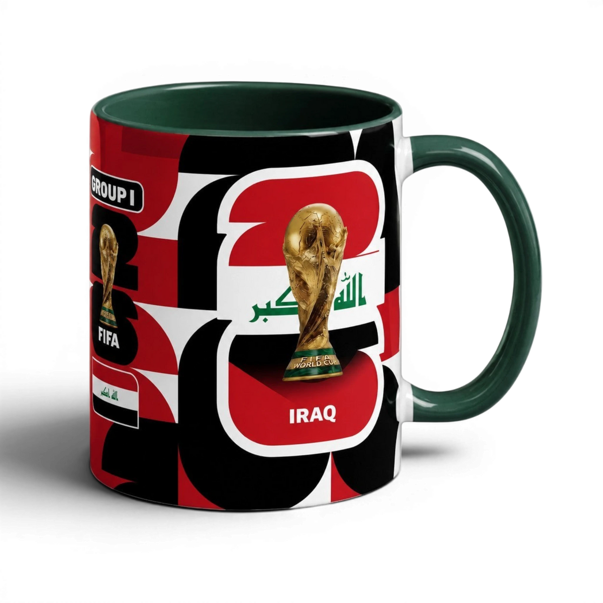 Fann Bliss ceramic coffee mug featuring the Iraq flag, FIFA World Cup trophy, and Group I branding on a dark background