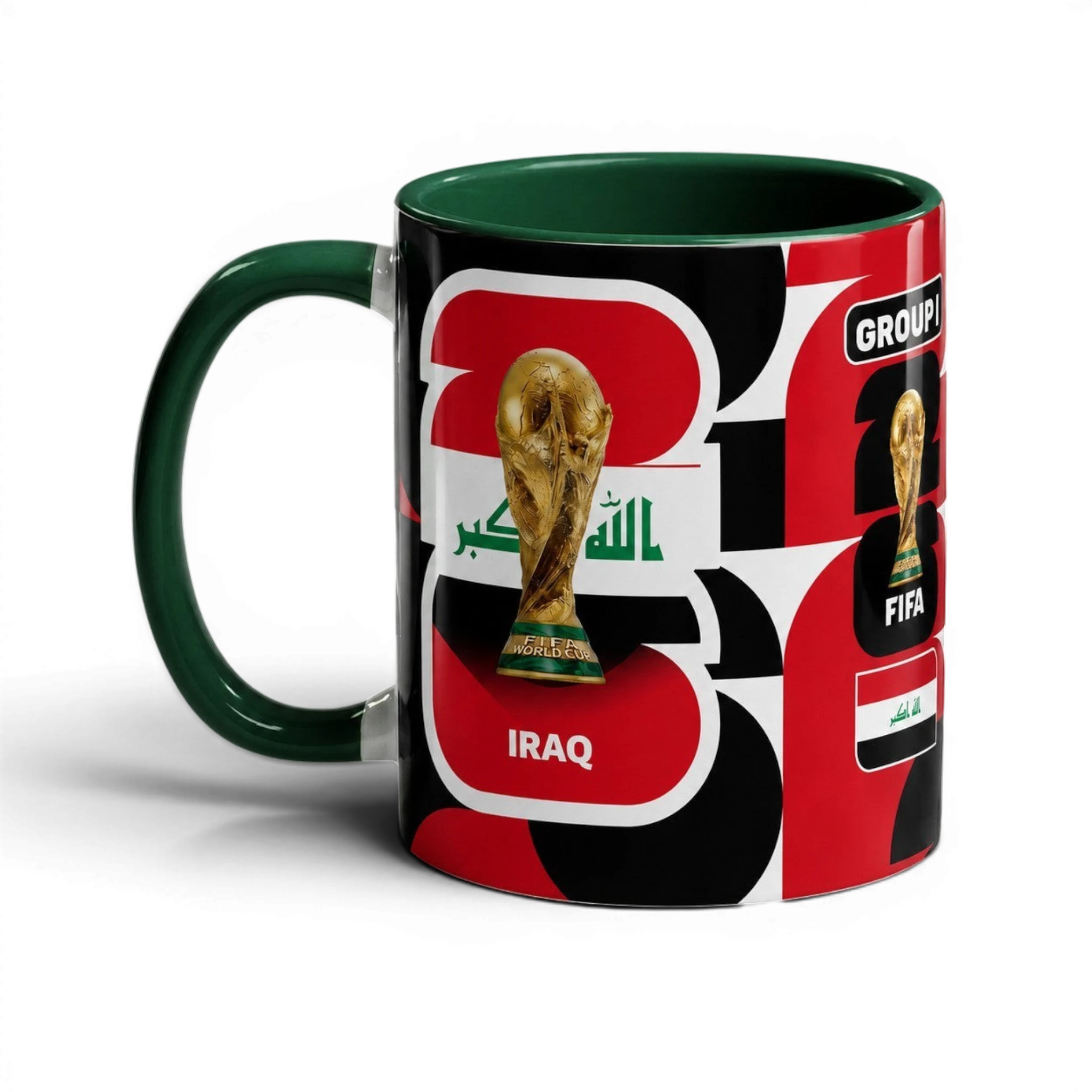 Fann Bliss ceramic coffee mug featuring Iraq national flag, FIFA World Cup trophy, and Group I branding.