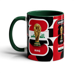 Fann Bliss ceramic coffee mug featuring Iraq national flag, FIFA World Cup trophy, and Group I branding.
