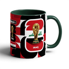 Fann Bliss ceramic coffee mug featuring the Iraq flag, FIFA World Cup trophy, and Group I branding on a dark background