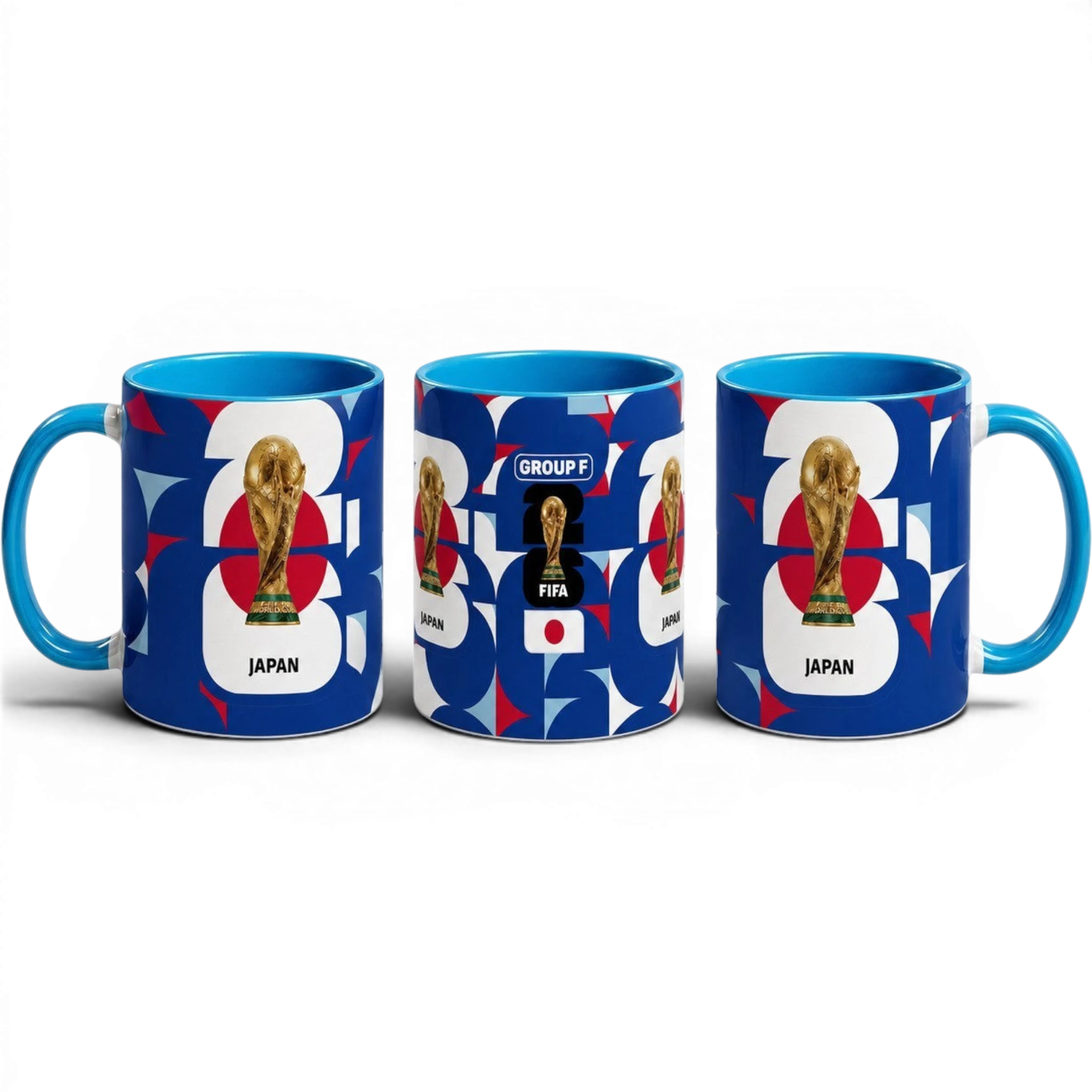 Fann Bliss ceramic coffee mug featuring Japan World Cup trophy, geometric blue, white, and red patterns.