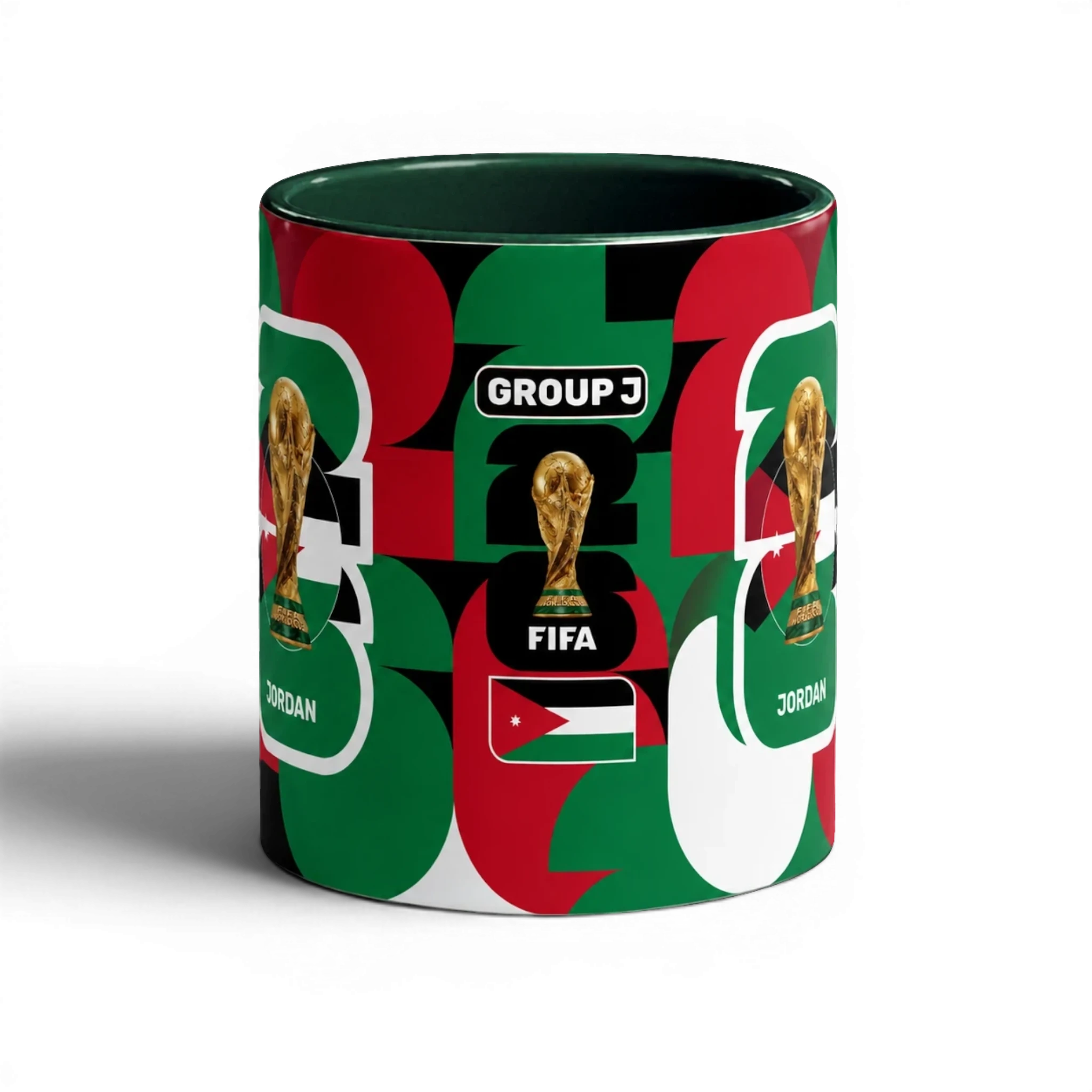 Fann Bliss Jordan FIFA World Cup Group J commemorative ceramic mug with geometric pattern in red, green, and white.