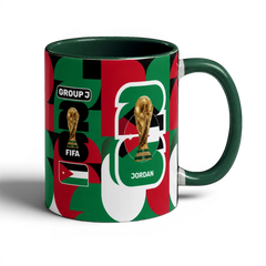 Fann Bliss Fifa World Cup Jordan Group J commemorative ceramic mug with geometric pattern in red, green, and white.