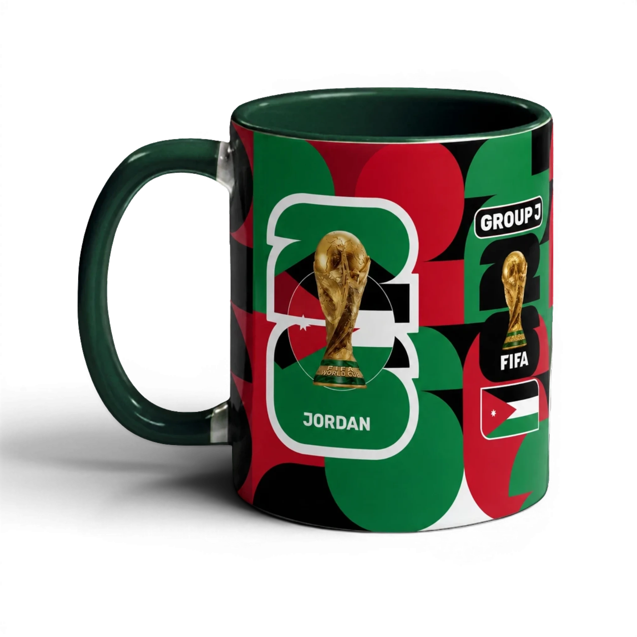 Fann Bliss Fifa World Cup Jordan Group J commemorative ceramic mug with geometric pattern in red, green, and white.