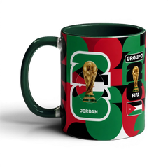 Fann Bliss Fifa World Cup Jordan Group J commemorative ceramic mug with geometric pattern in red, green, and white.