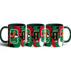 Fann Bliss Fifa World Cup Jordan Group J commemorative ceramic mug with geometric pattern in red, green, and white.
