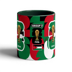 Fann Bliss Jordan FIFA World Cup Group J commemorative ceramic mug with geometric pattern in red, green, and white.