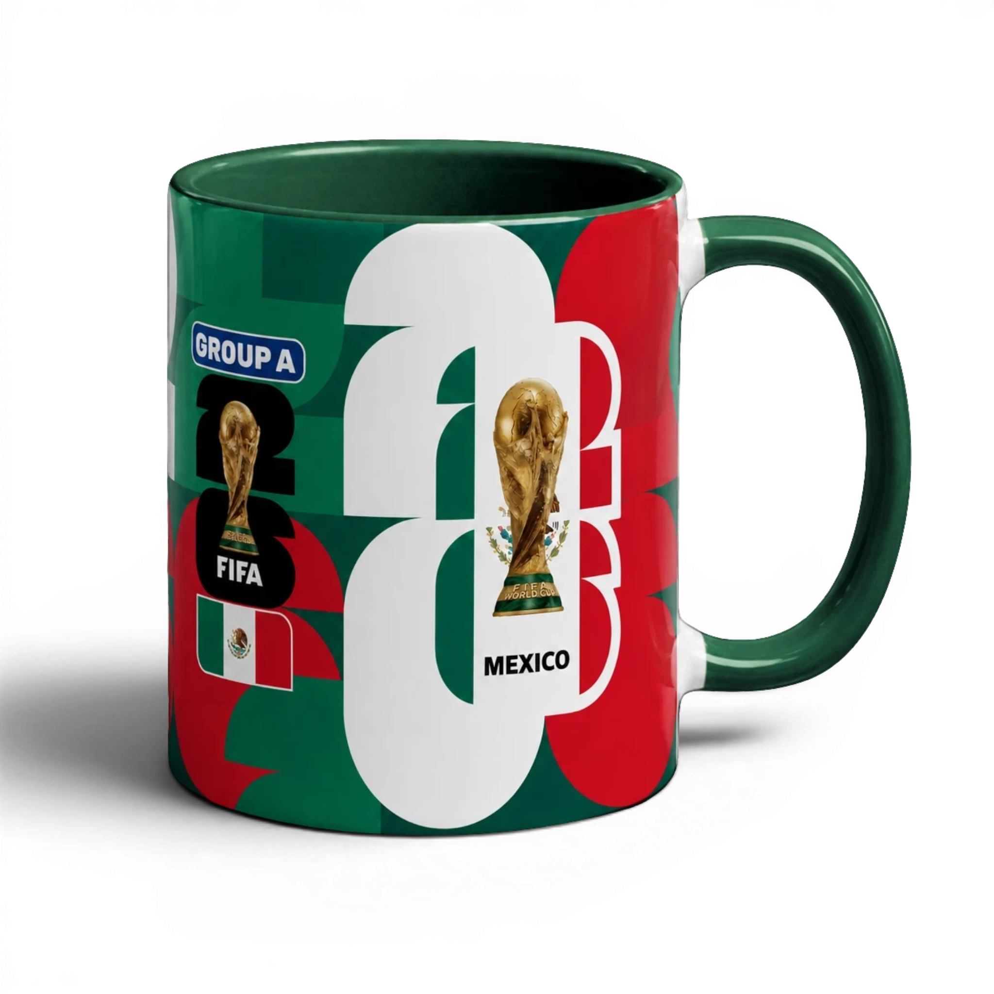 Fann Bliss Mexico FIFA World Cup 2026 commemorative ceramic mug with green, white, and red flag design, trophy, and "22" graphic.