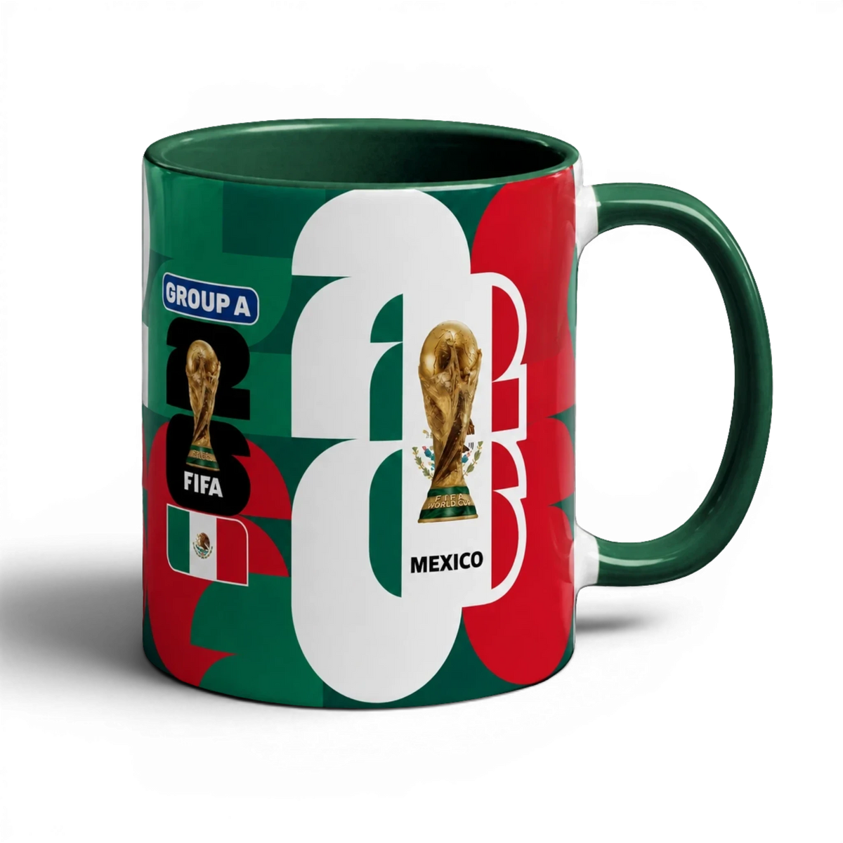 Fann Bliss Mexico FIFA World Cup 2026 commemorative ceramic mug with green, white, and red flag design, trophy, and "22" graphic.