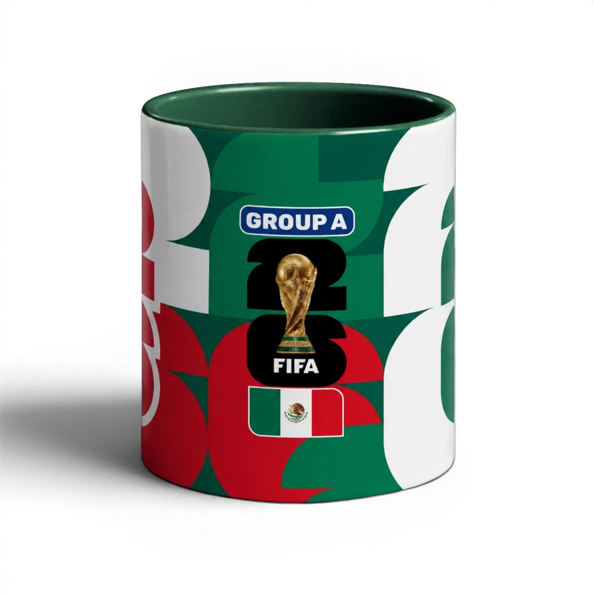 Fann Bliss Mexico FIFA World Cup 2026 commemorative ceramic mug with trophy and flag. Green, white, red.