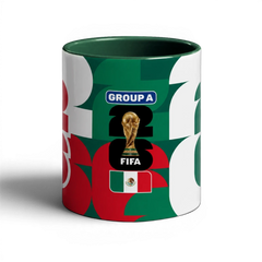 Fann Bliss Mexico FIFA World Cup 2026 commemorative ceramic mug with trophy and flag. Green, white, red.
