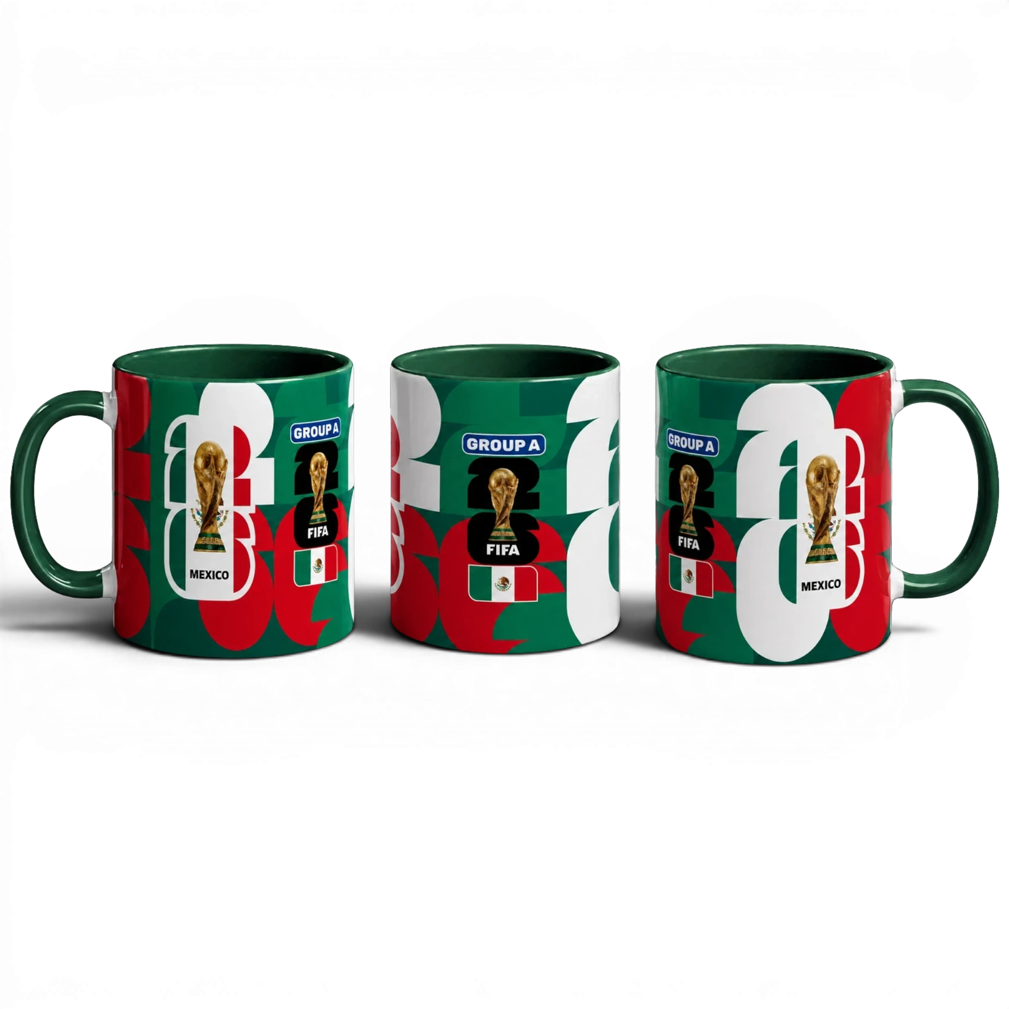 Fann Bliss Mexico FIFA World Cup 2026 commemorative ceramic mug in green, white, and red with trophy and 'GROUP A' graphic.