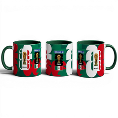 Fann Bliss Mexico FIFA World Cup 2026 commemorative ceramic mug in green, white, and red with trophy and 'GROUP A' graphic.