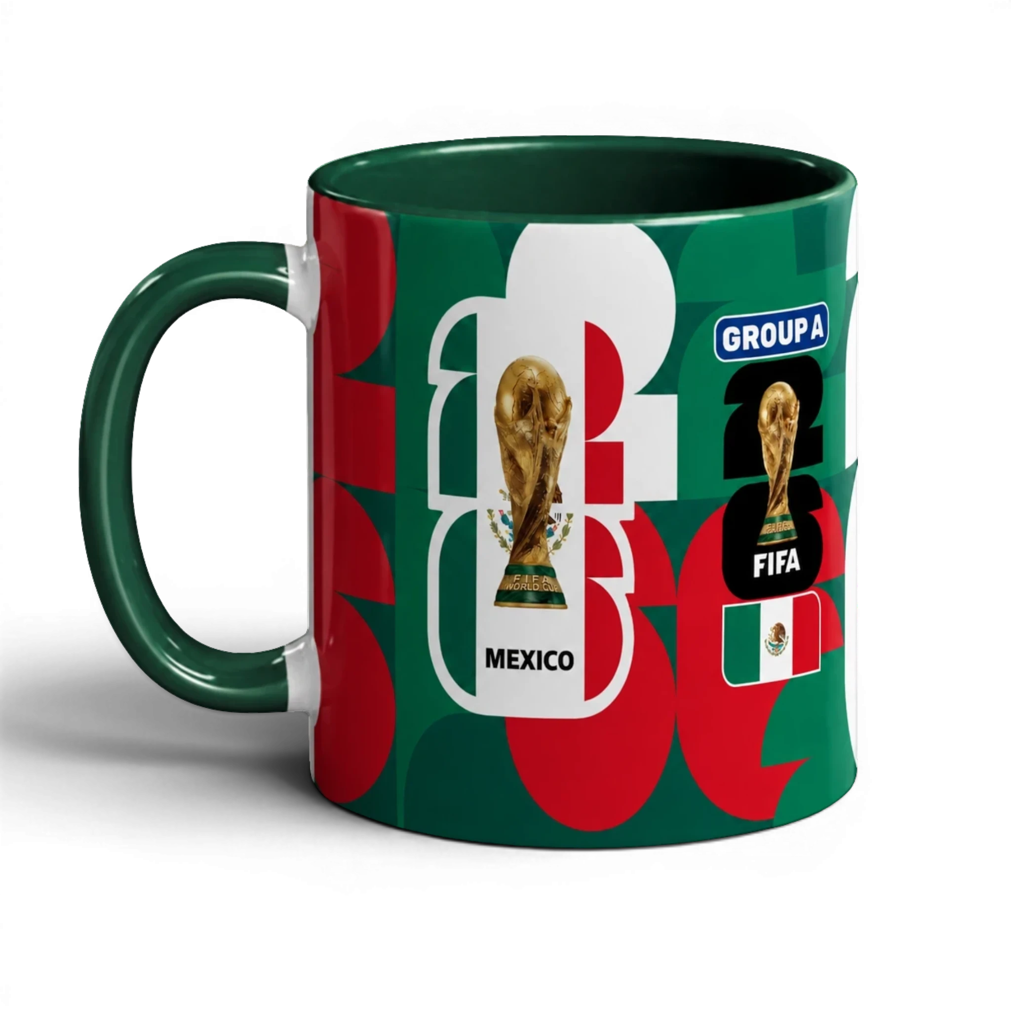 Fann Bliss Mexico FIFA World Cup 2026 commemorative ceramic mug with trophy, "GROUP A", and flag details.