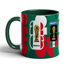 Fann Bliss Mexico FIFA World Cup 2026 commemorative ceramic mug with trophy, "GROUP A", and flag details.