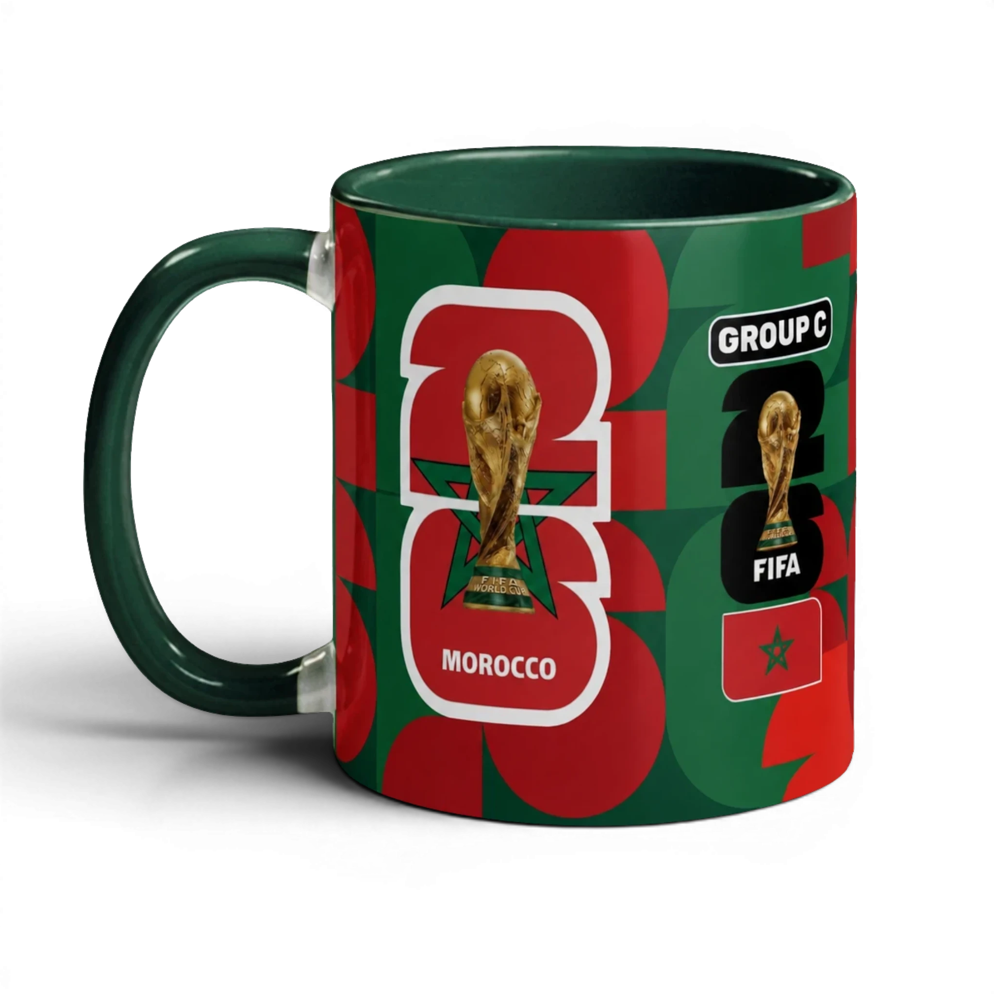 Fann Bliss Morocco World Cup 2026 commemorative ceramic mug with green and red design, FIFA trophy, and "GROUP C" text.