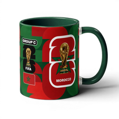 Fann Bliss Morocco World Cup 2026 commemorative ceramic mug in green and red, featuring FIFA trophy and Group C details.