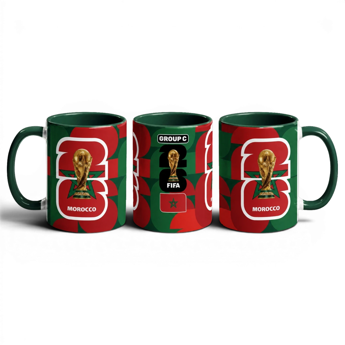 Fann Bliss Morocco World Cup 2026 commemorative ceramic coffee mug in green and red with FIFA trophy and "GROUP C" detail.