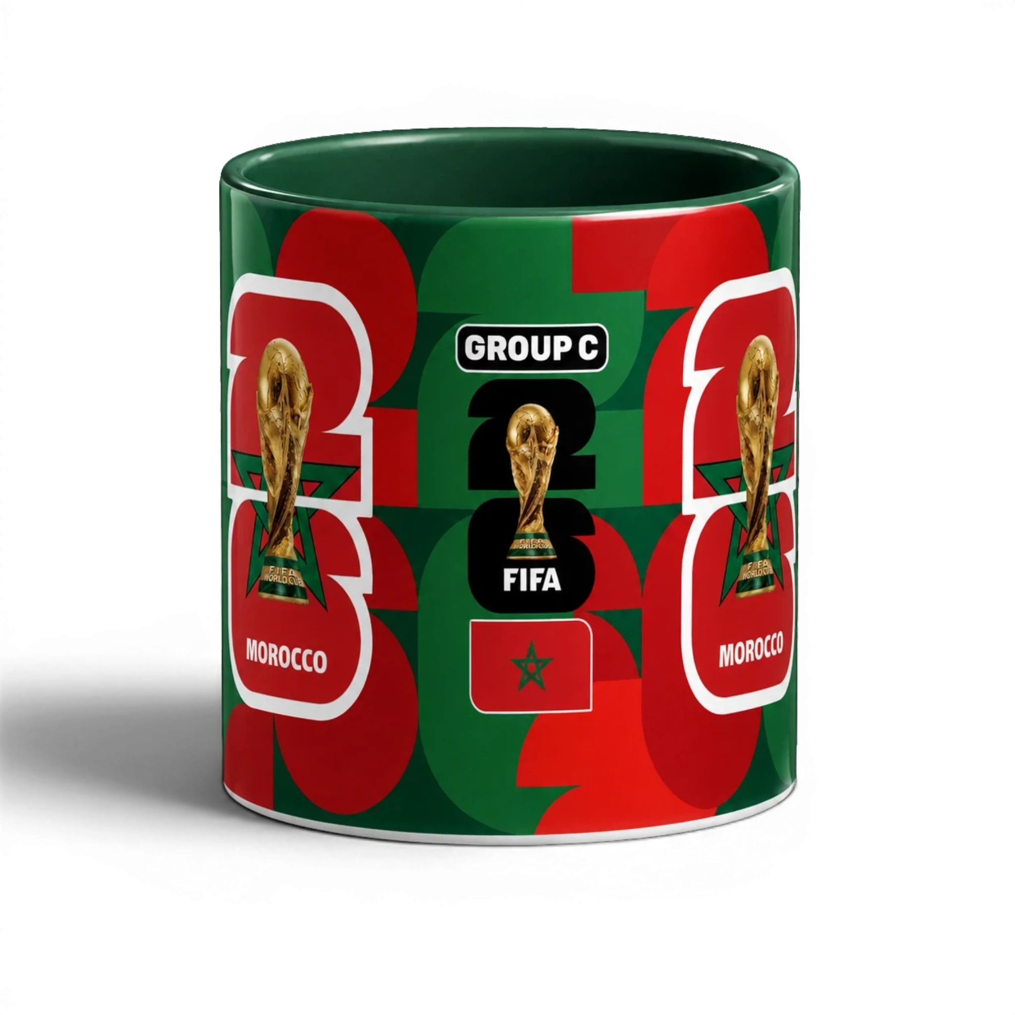 Fann Bliss Morocco World Cup 2026 commemorative ceramic mug in green and red with FIFA trophy and Group C details.