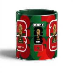 Fann Bliss Morocco World Cup 2026 commemorative ceramic mug in green and red with FIFA trophy and Group C details.
