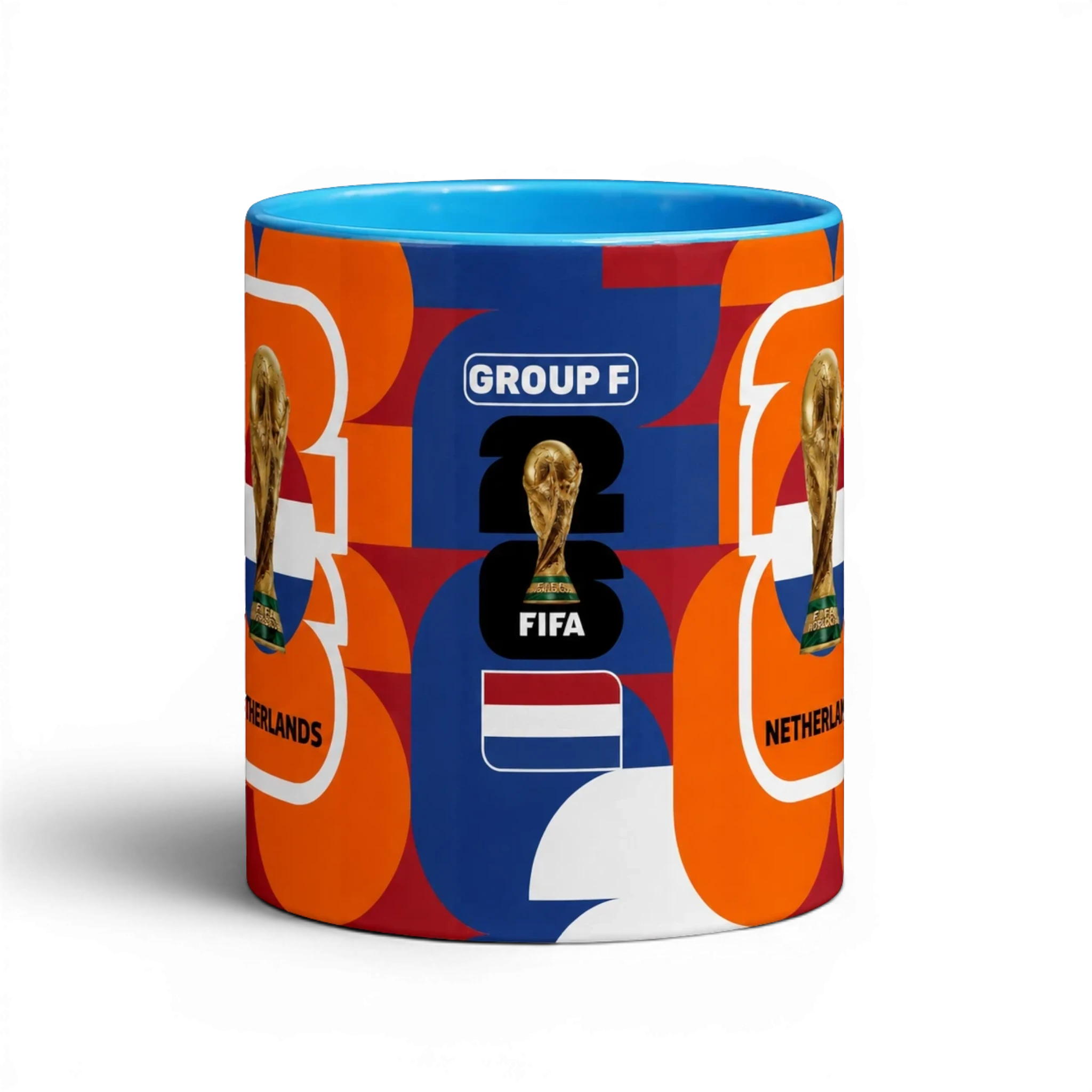 Fann Bliss Netherlands World Cup commemorative ceramic coffee mug with orange, blue, and white abstract pattern, FIFA trophy, and flag.