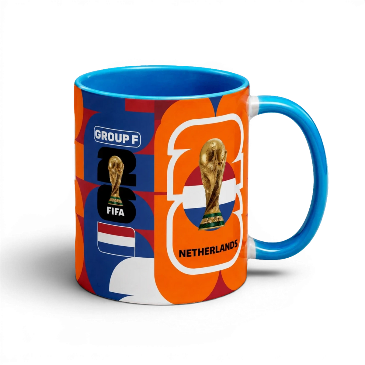 Fann Bliss Netherlands World Cup commemorative ceramic coffee mug with orange, blue, and white abstract pattern, FIFA trophy, and flag.