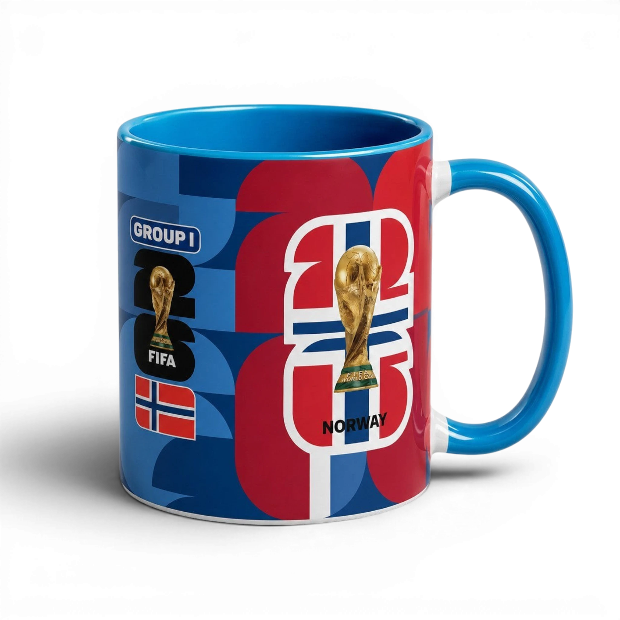 Fann Bliss Norway World Cup ceramic coffee mug with trophy graphic, Norwegian flag, and blue interior and handle.