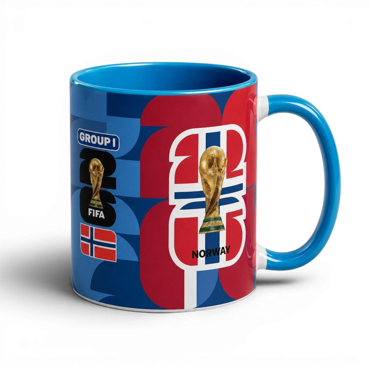 Fann Bliss Norway World Cup ceramic coffee mug with trophy graphic, Norwegian flag, and blue interior and handle.