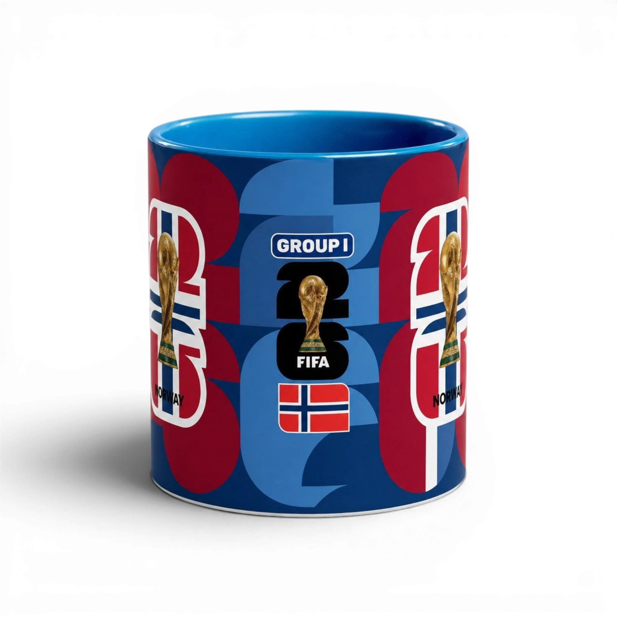 Fann Bliss ceramic coffee mug featuring the Norway flag, FIFA World Cup trophy, and Group I branding in blue and red.
