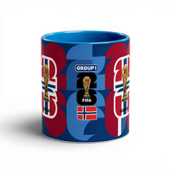 Fann Bliss ceramic coffee mug featuring the Norway flag, FIFA World Cup trophy, and Group I branding in blue and red.