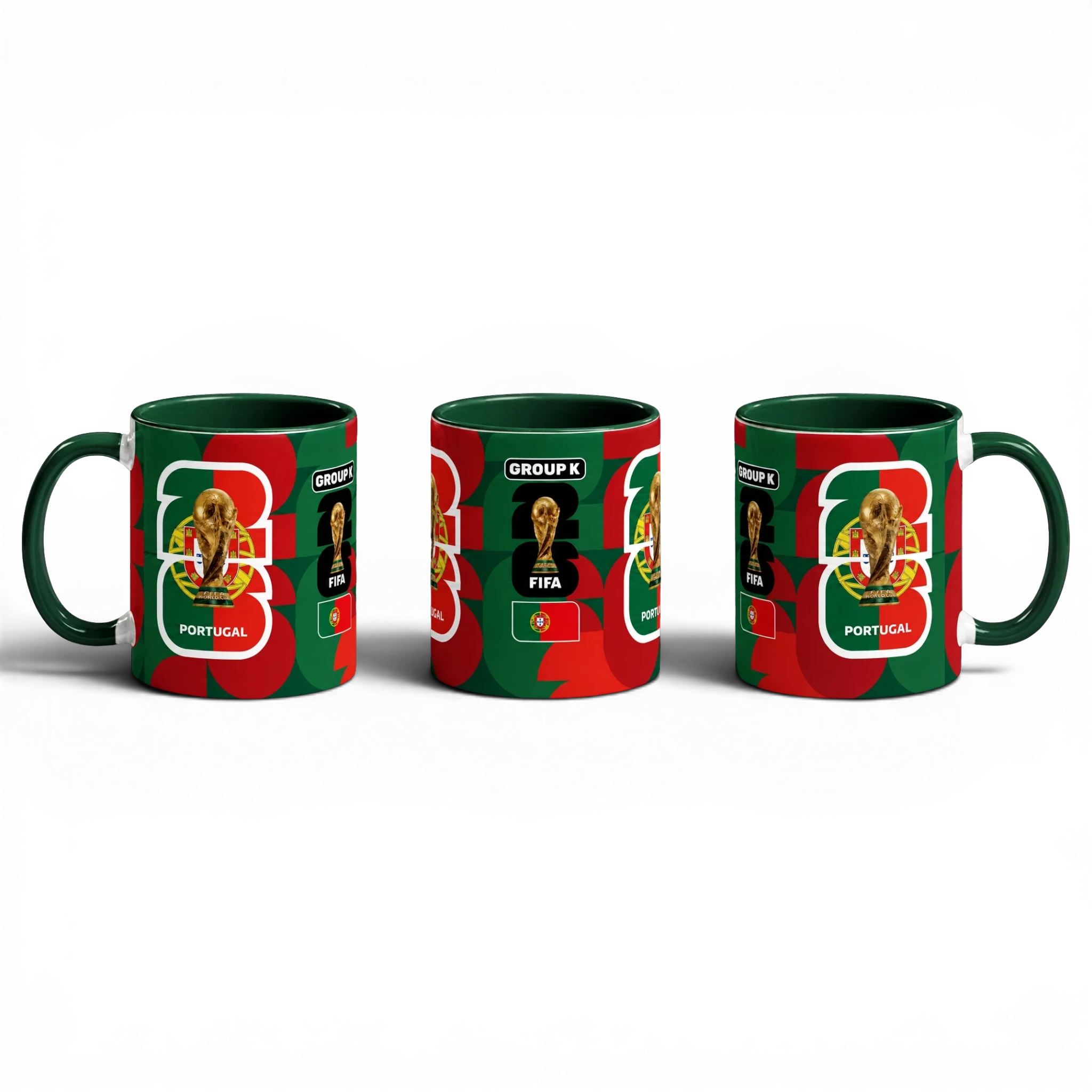 Fann Bliss Portugal FIFA World Cup commemorative ceramic mug with green interior and handle. Features trophy, FIFA logo, Group K, and Portuguese flag.