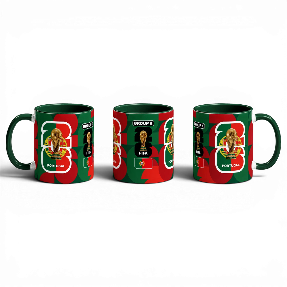 Fann Bliss Portugal FIFA World Cup commemorative ceramic mug with green interior and handle. Features trophy, FIFA logo, Group K, and Portuguese flag.