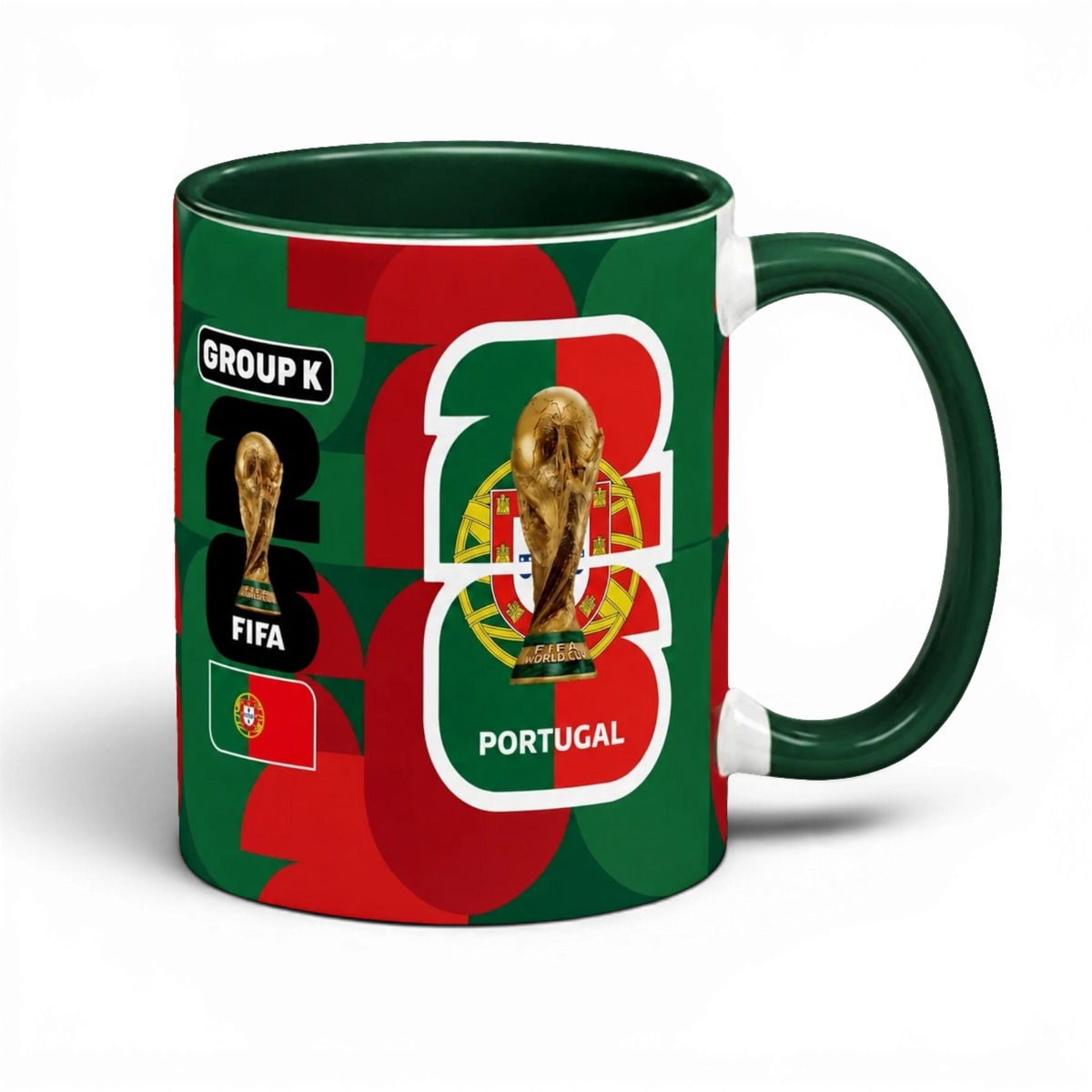 Fann Bliss Portugal FIFA World Cup commemorative mug in green and red with trophy graphics and geometric pattern.