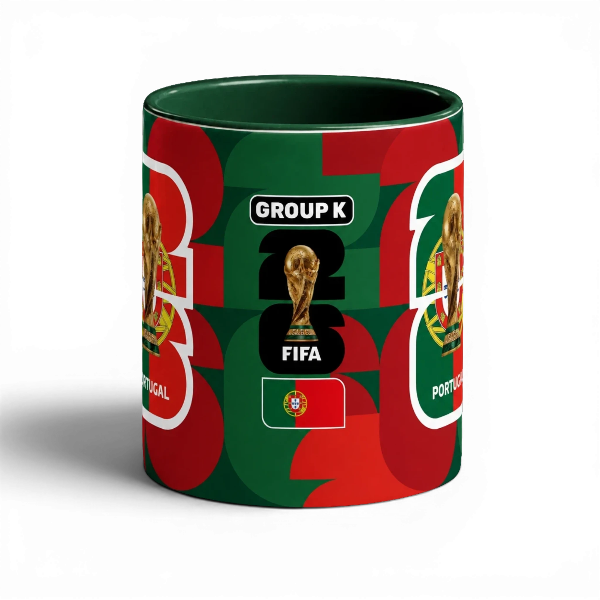 Fann Bliss Portugal FIFA World Cup commemorative mug in green and red with trophy and flag graphics.