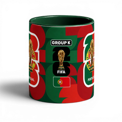 Fann Bliss Portugal FIFA World Cup commemorative mug in green and red with trophy and flag graphics.