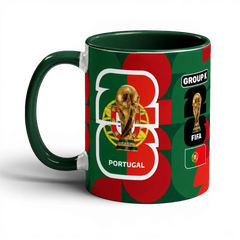 Fann Bliss Portugal FIFA World Cup commemorative mug in green and red with trophy and flag graphics.