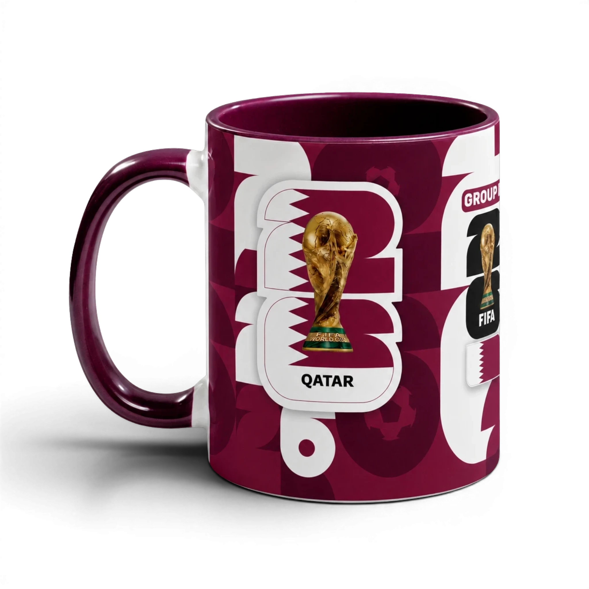 Fann Bliss FIFA World Cup Qatar 2022 commemorative mug in maroon and white with trophy graphic and 'Group B' designation.